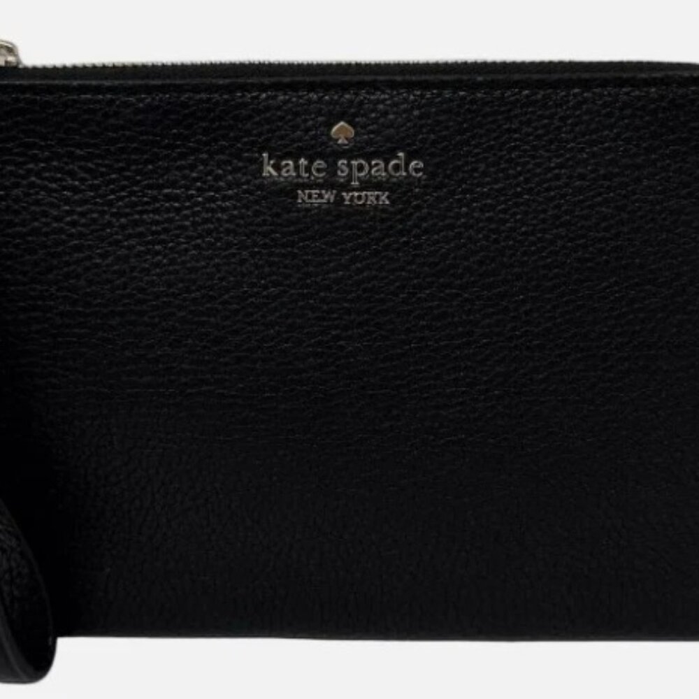 Kate Spade Leila Medium L Zip Wristlet Pebble Leather Black Wallet KB684 $139